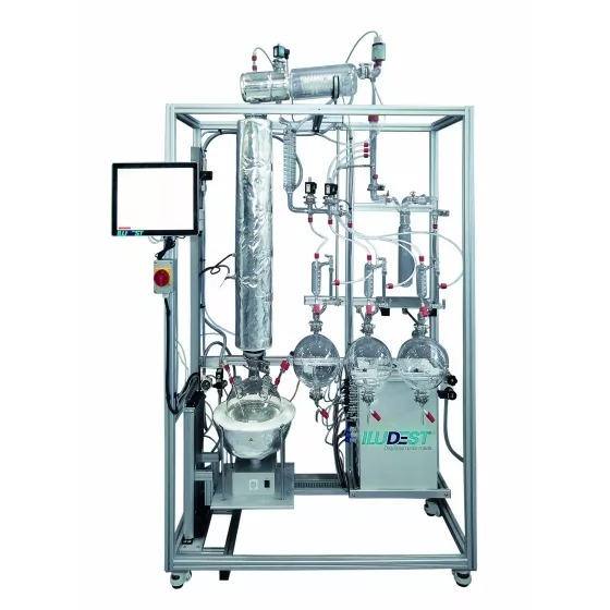 Batch Distiller with SULZER packing, Controller ILUDEST® [DC/MIC]³ and Vacuum System for solvent rec